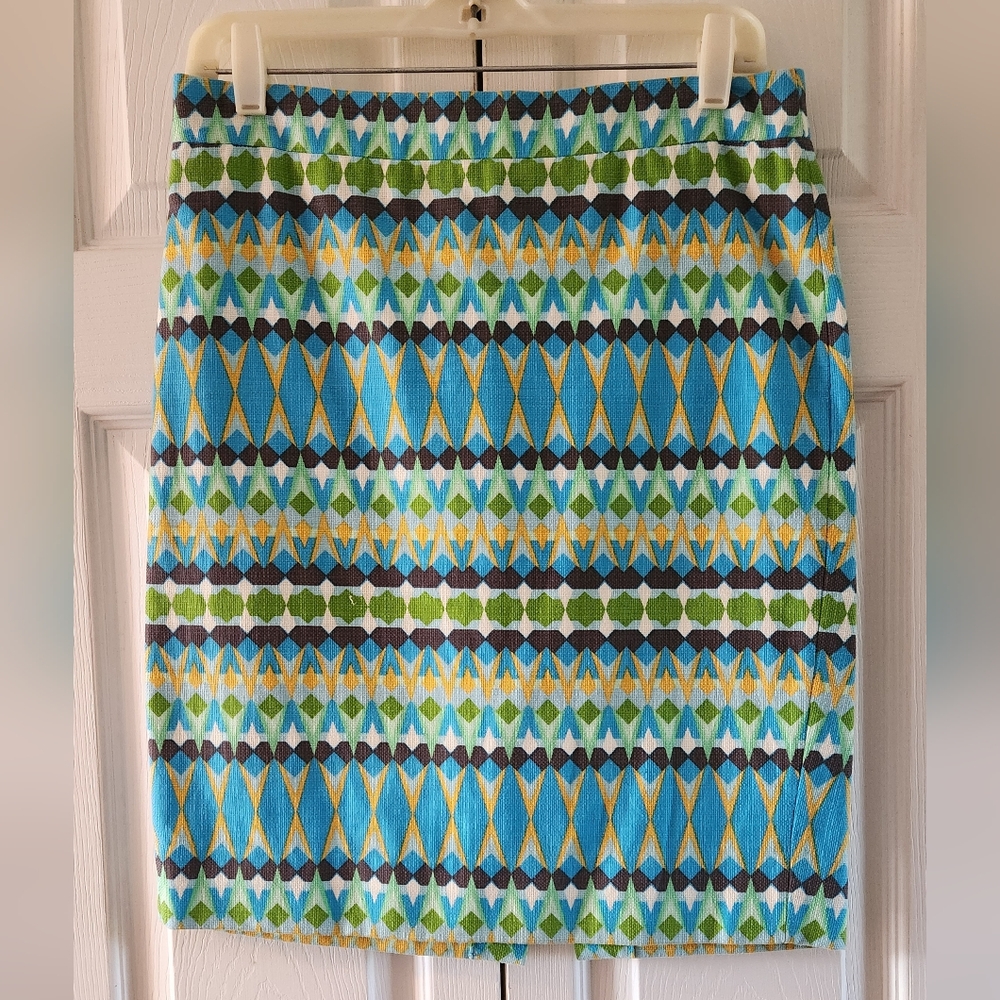 Pencil Skirt J Crew Cotton 100% Geometric Patterned Turquoise Teal White